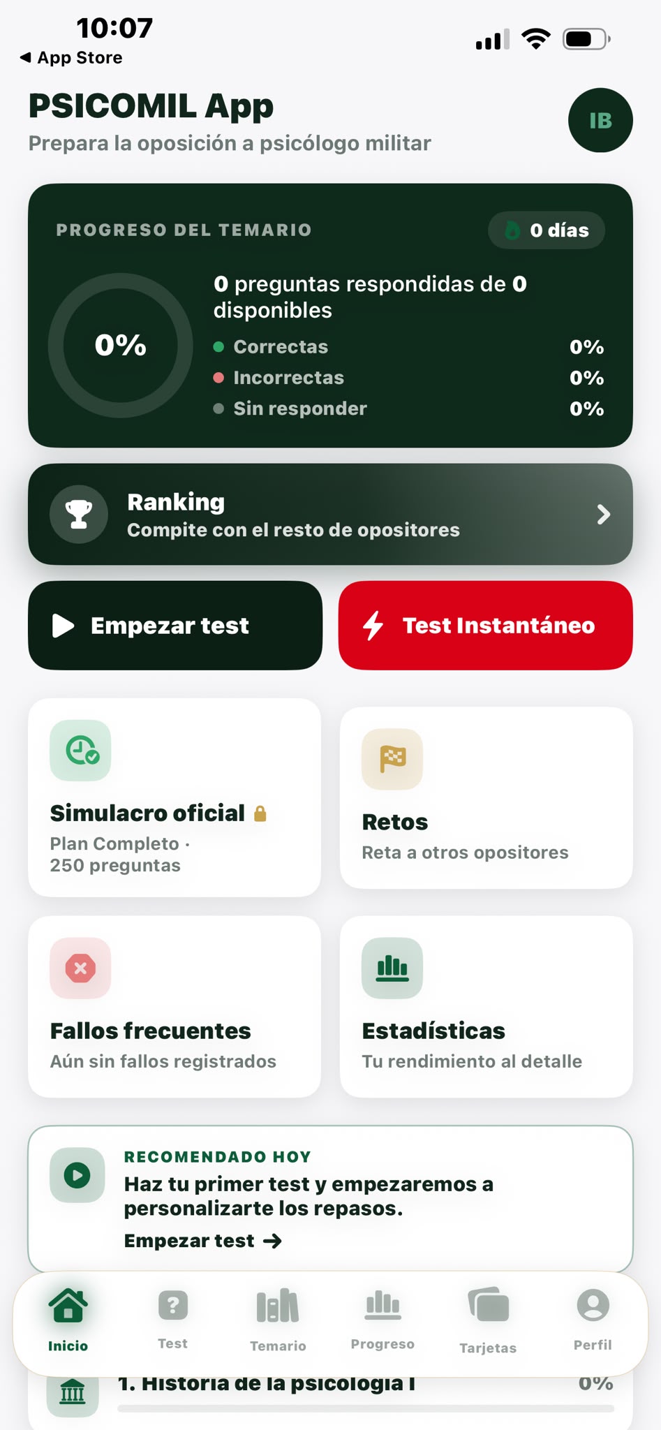 Pantalla de inicio de PSICOMIL App