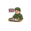Icono de militar sentado en una mesa en la que hay un libro en inglés